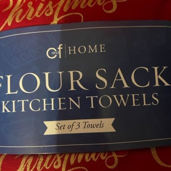 C&F Home Set Of 3 Flour Sack Kitchen Towels Merry Christmas Design Gold & Red - Picture 5 of 5